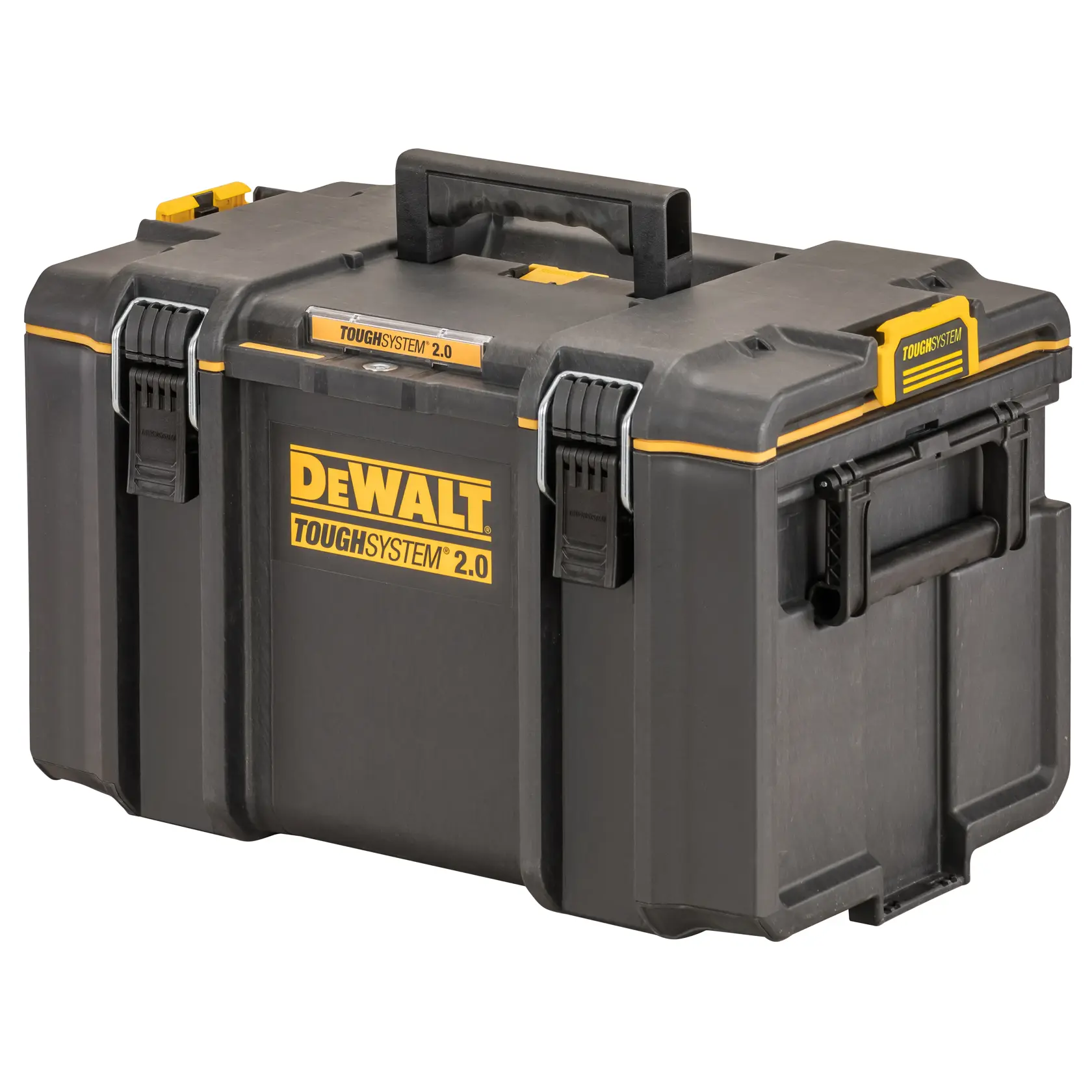 DEWALT ToughSystem 2.0 schwarze Werkzeugbox mit Griffen und Verschlüssen für sicheren Transport.