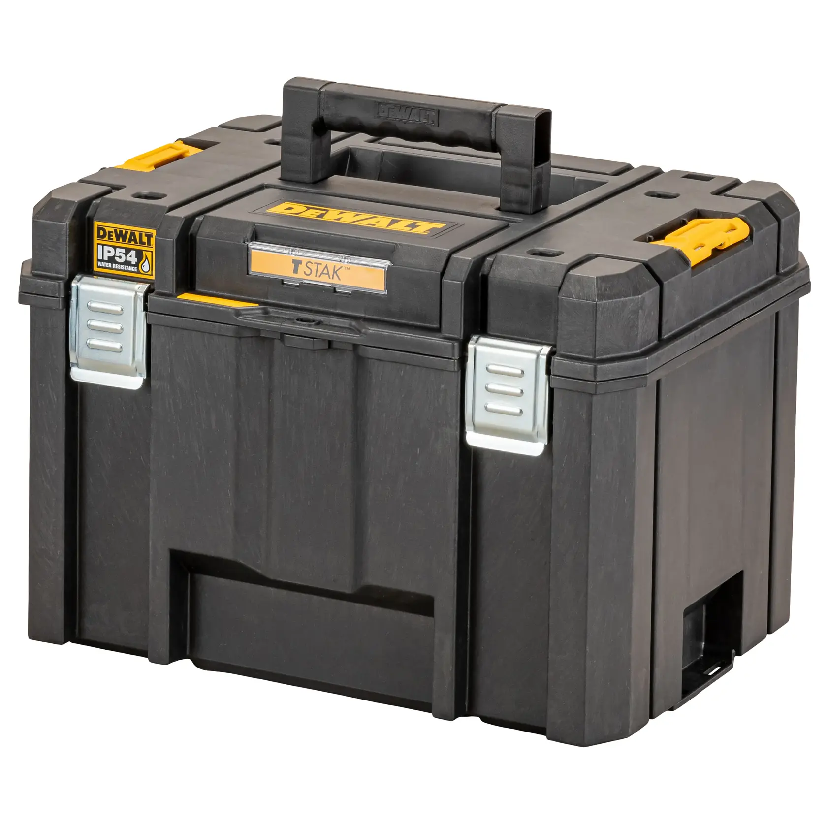 Schwarze DEWALT TSTAK Aufbewahrungsbox mit gelben Akzenten, stabilem Griff und IP54 Wasserschutz.