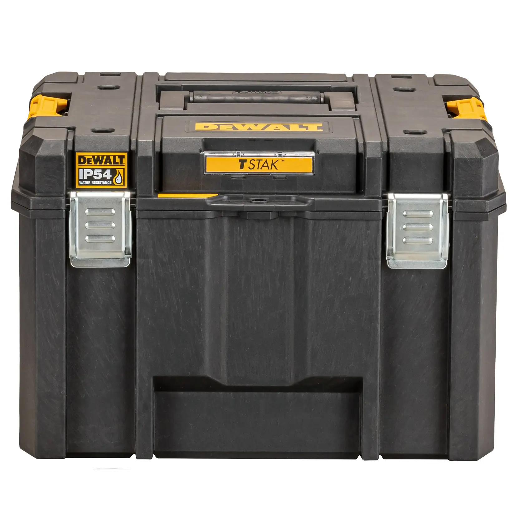 Vorderansicht eines DEWALT TSTAK IP54 schwarzen Werkzeugkastens mit gelben Details und Metallverschlüssen.