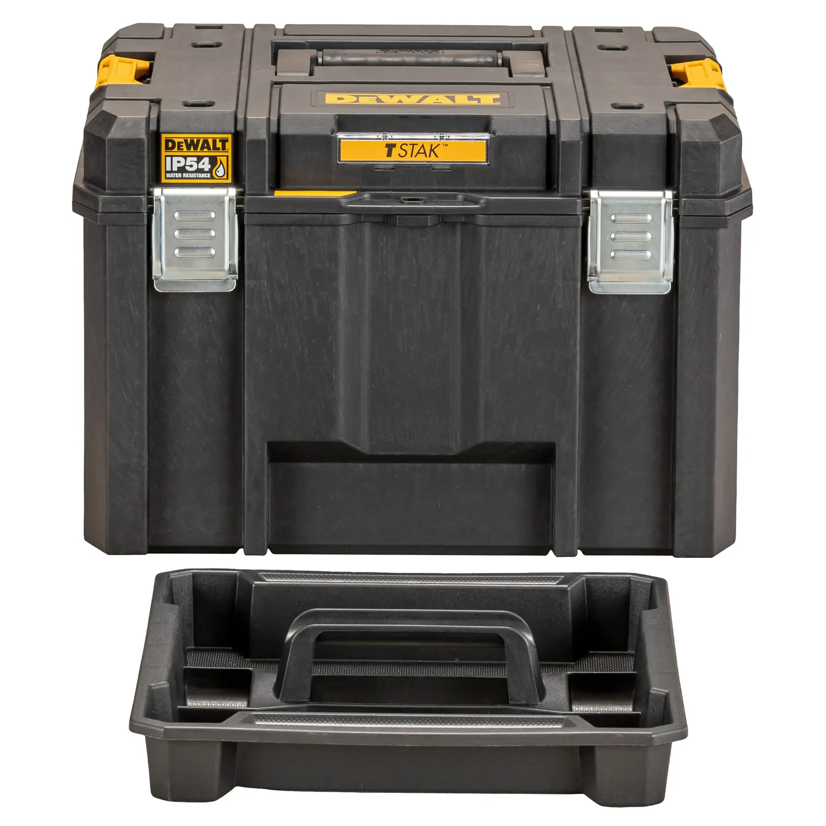 DEWALT schwarze Werkzeugbox mit Metallverschlüssen und herausnehmbarer Ablage vorne.