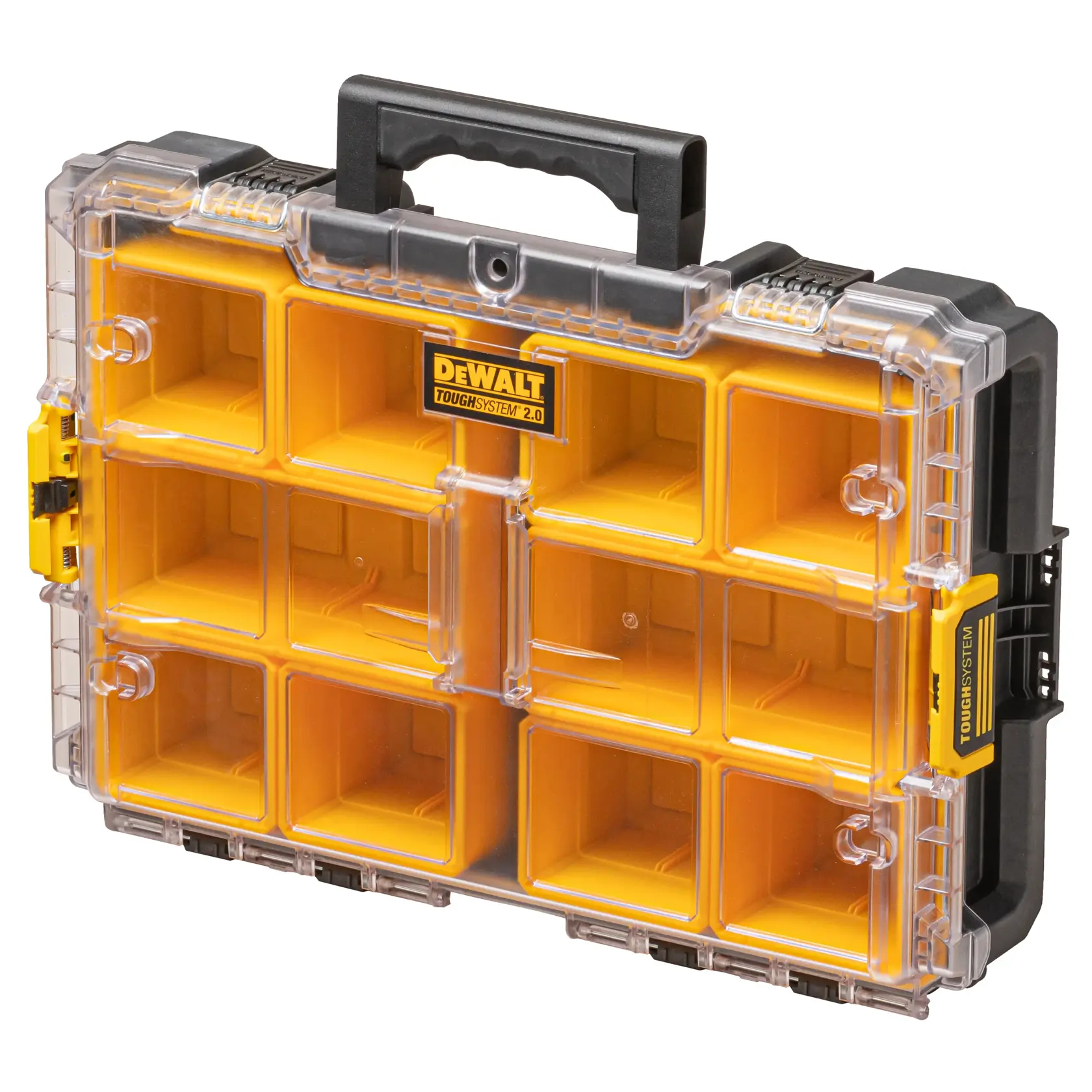 DEWALT ToughSystem 2.0 Organizer mit Klarsichtdeckel, gelben Fächern und schwarzem Griff für Werkzeuge.