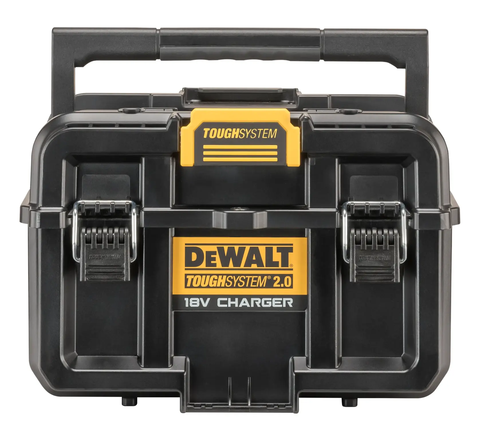 Graphique promotionnel DEWALT ToughSystem 2.0 avec le slogan 'Storage Built to Handle It' en grandes lettres jaunes sur un fond sombre texturé.