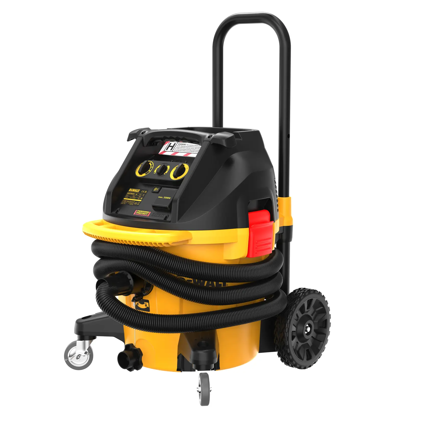 DEWALT DWV905H Industrieller Nass- und Trockensauger mit Doppelrädern und stabilem Griff, mit einem aufgerollten Schlauch am Gehäuse, gelb-schwarzes Design.