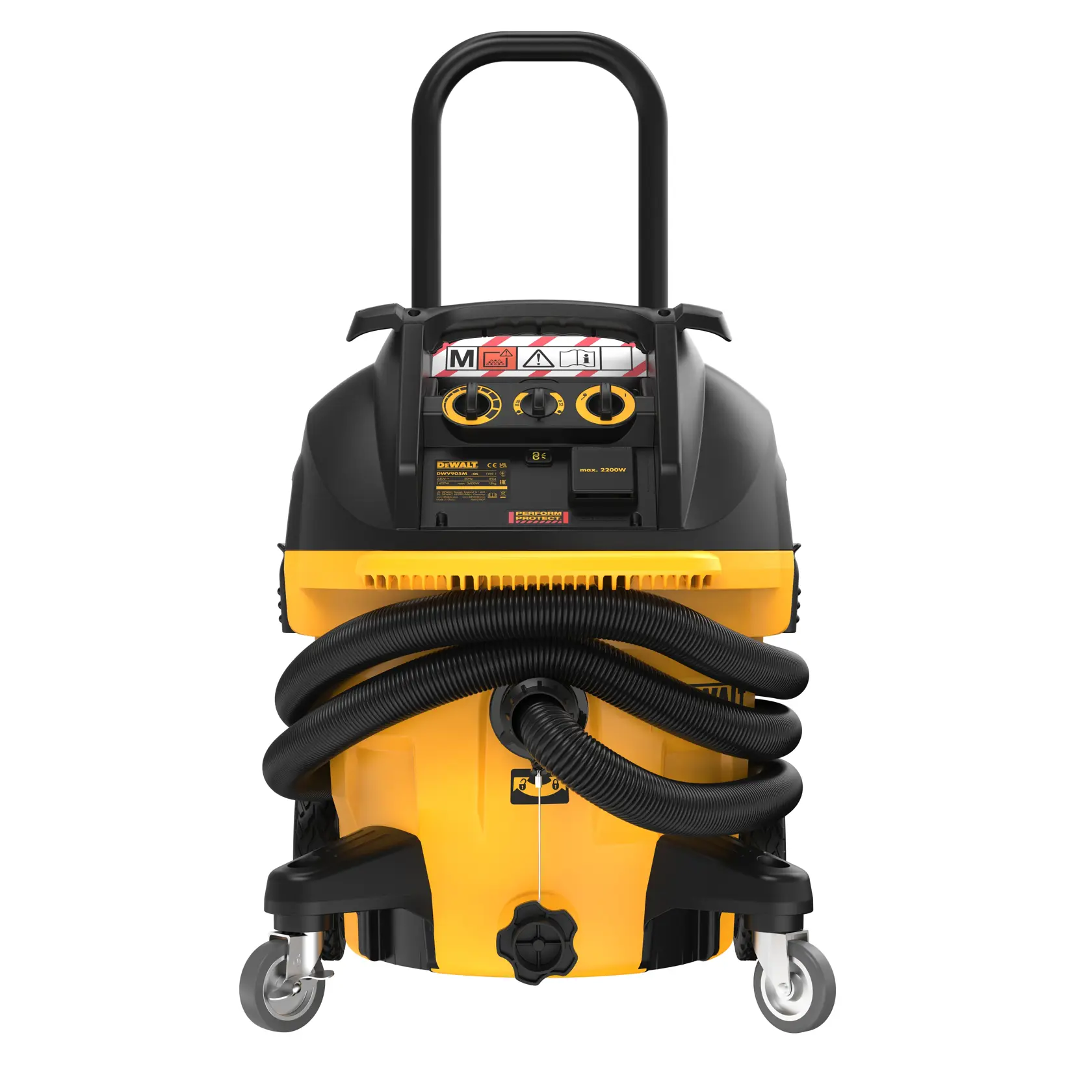 Vorderansicht eines DEWALT DWV905M Industrie-Nass- und Trockensaugers mit gelb-schwarzem Gehäuse, großen Rädern, einem Griff und einem vorne befestigten aufgerollten Schlauch.