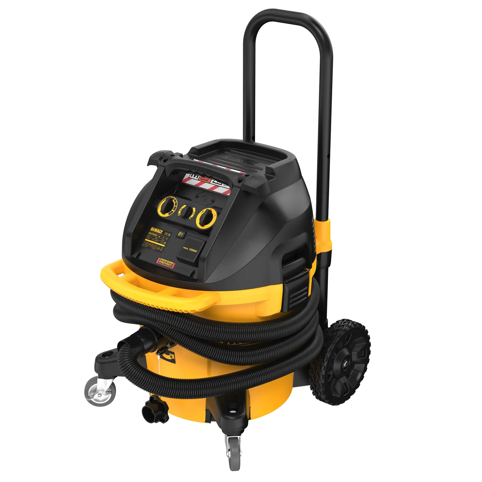 Ein DEWALT DWV905M Industriestaubsauger für Bau und Werkstätten. Der Staubsauger ist gelb und schwarz, hat einen stabilen Griff, Räder und einen um den Körper gewickelten Schlauch. Das Bedienfeld ist oben sichtbar mit verschiedenen Drehreglern und Schaltern.