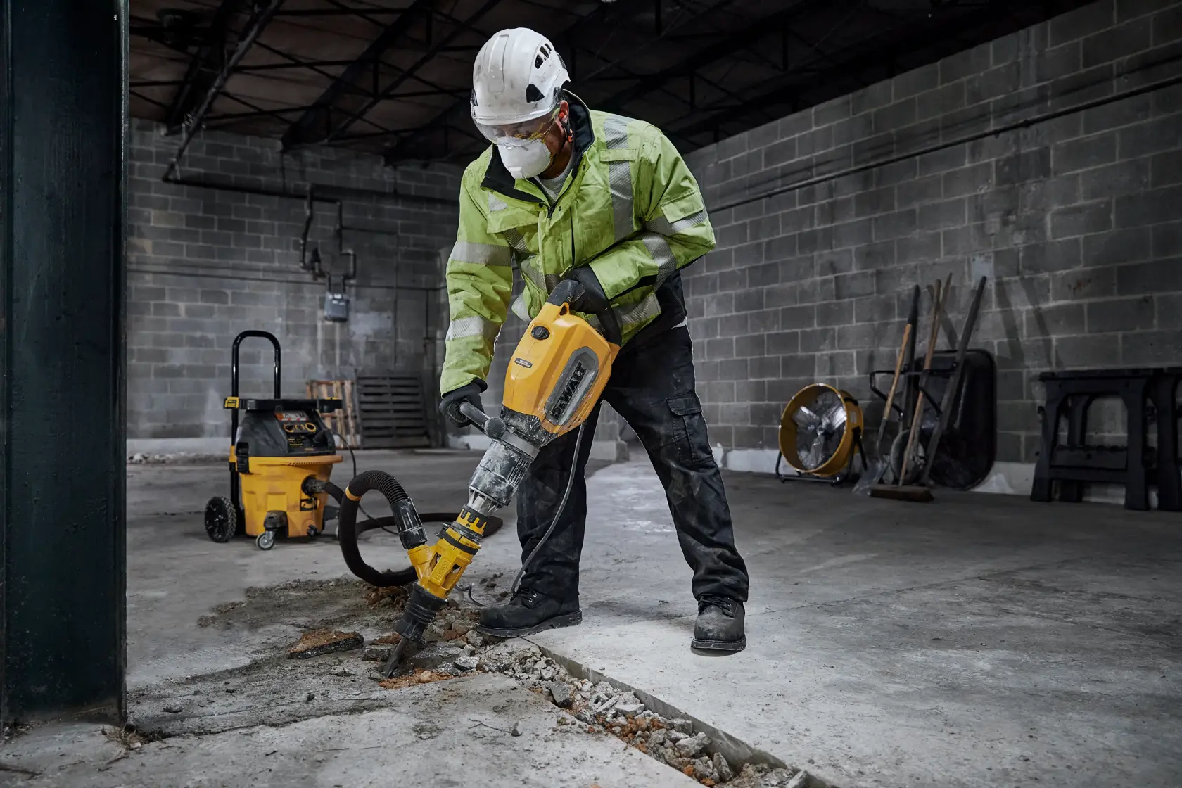 Arbeiter bricht Beton mit DEWALT-Werkzeug. Sicherheitsausrüstung und Staubsauger sichtbar.