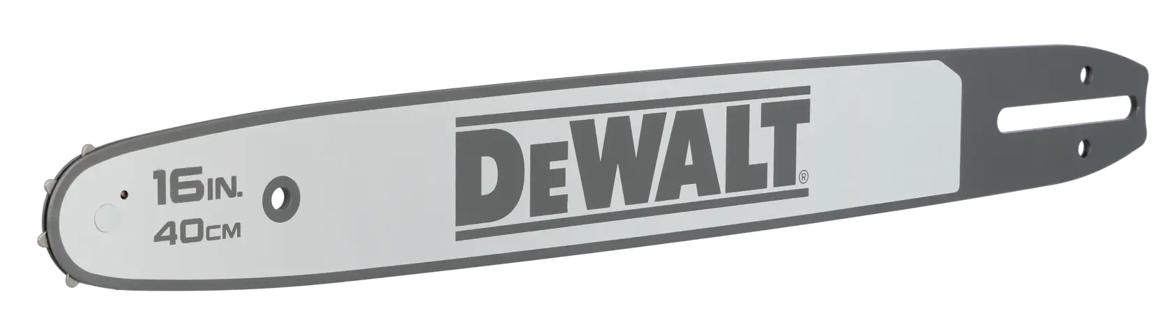 DEWALT 16-Zoll (40cm) Kettensägenführung in Grau mit schwarzem Logo für Profi- und Heimwerker.