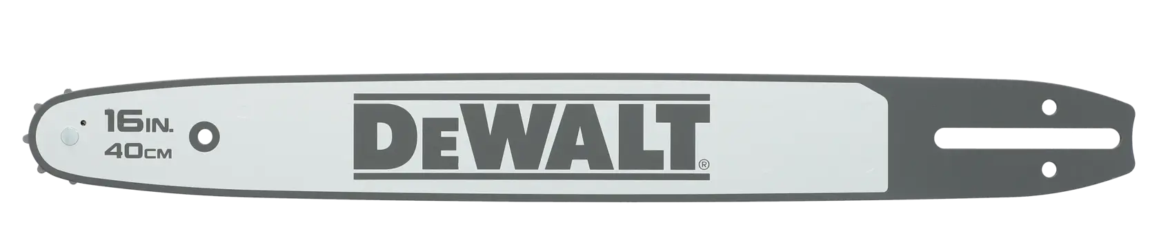 DEWALT Kettensägenblatt, 16 Zoll (40 cm), silber-schwarz, gerade mit Befestigungslöchern.