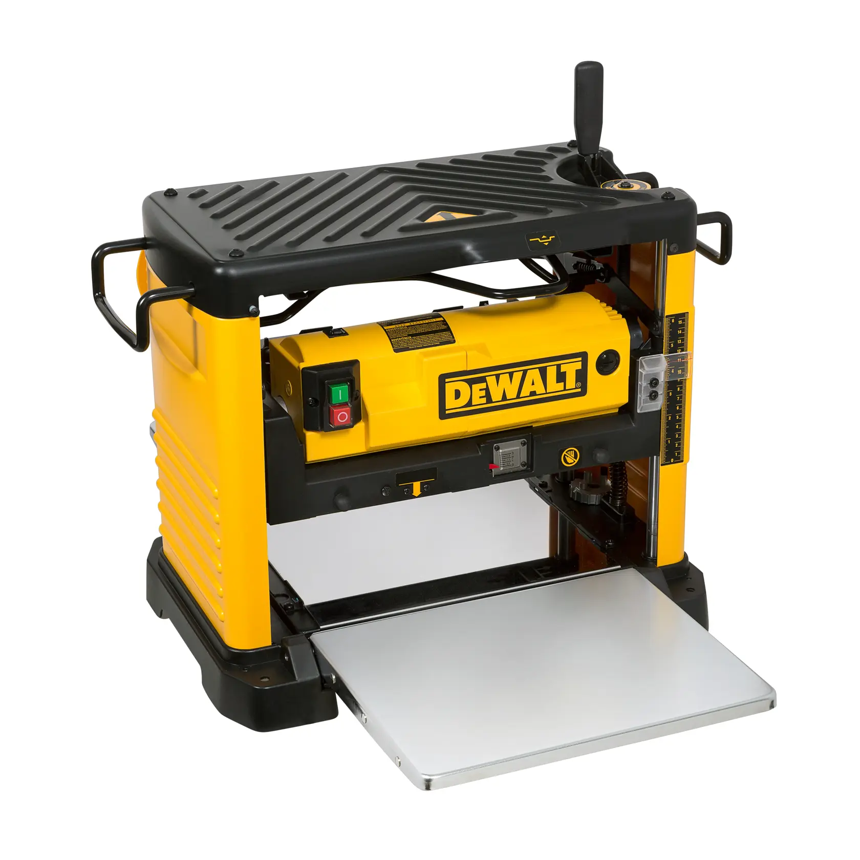 Cepillo de banco amarillo DEWALT DW733 con asas negras y base metálica para trabajos de carpintería.