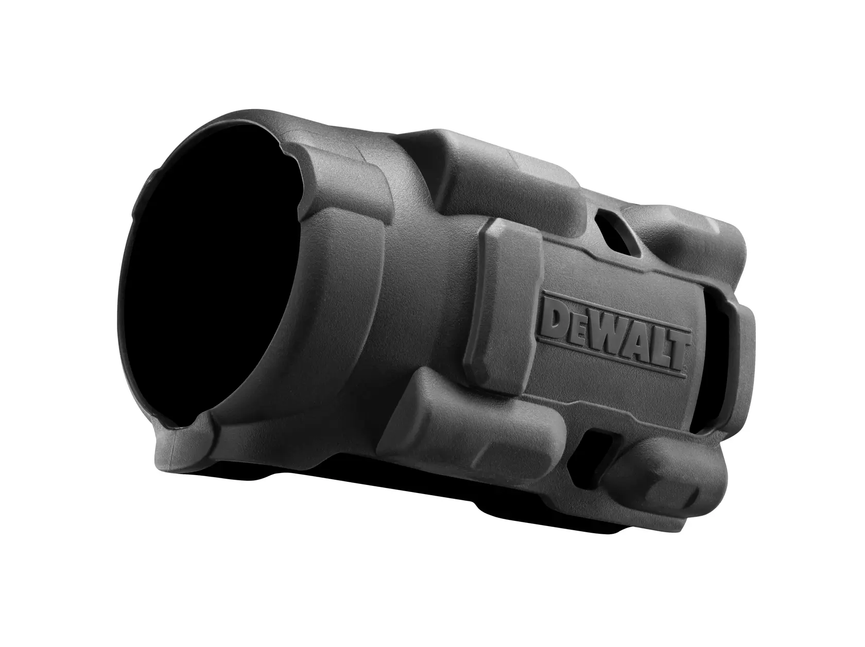 DEWALT schwarze Kameralinsenschutz mit robustem, strukturiertem Design, aus einem Winkel betrachtet.