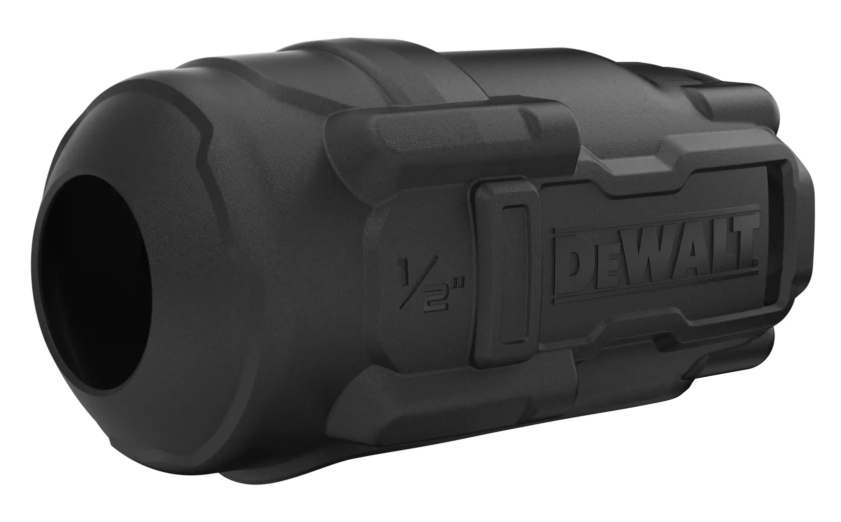 Schwarze DEWALT Schutzhülle für 1/2-Zoll-Werkzeug, zylindrisches und robustes Design.